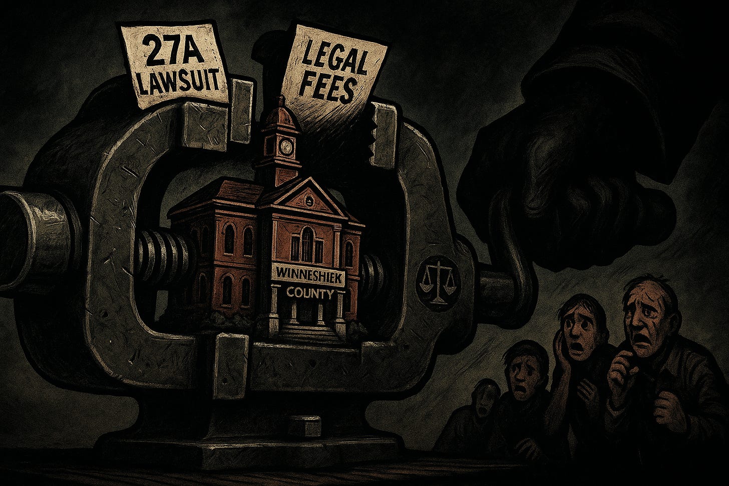 Symbolic graphic novel illustration in a dark, high-contrast style. A massive, dark metal vise is the central element. Gripped tightly within its jaws is a small, detailed representation of a rural county courthouse labeled 'WINNESHIEK COUNTY'. Papers labeled '27A LAWSUIT' and 'LEGAL FEES' are visibly being pressed against and overwhelming the courthouse by the vise. A large, shadowy, gloved hand is turning the vise's lever, increasing the pressure. In the lower right foreground, small, stylized figures of distressed citizens look on in fear and helplessness. The image powerfully symbolizes the financial coercion and pressure placed on local governments by state legal actions and unrecoverable defense costs under Iowa Code Chapter 27A.  Illustration by Timothy Tucker