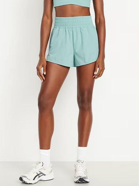 Teal running shorts, a submarine near the Titanic wreckage, and a chicken and bean dish.
