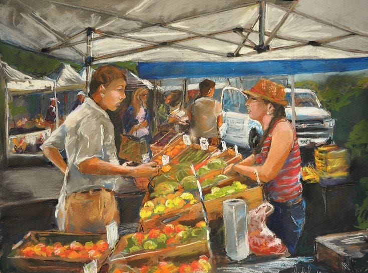 This may contain: a painting of people shopping at an open air market with fruit and vegetables on display