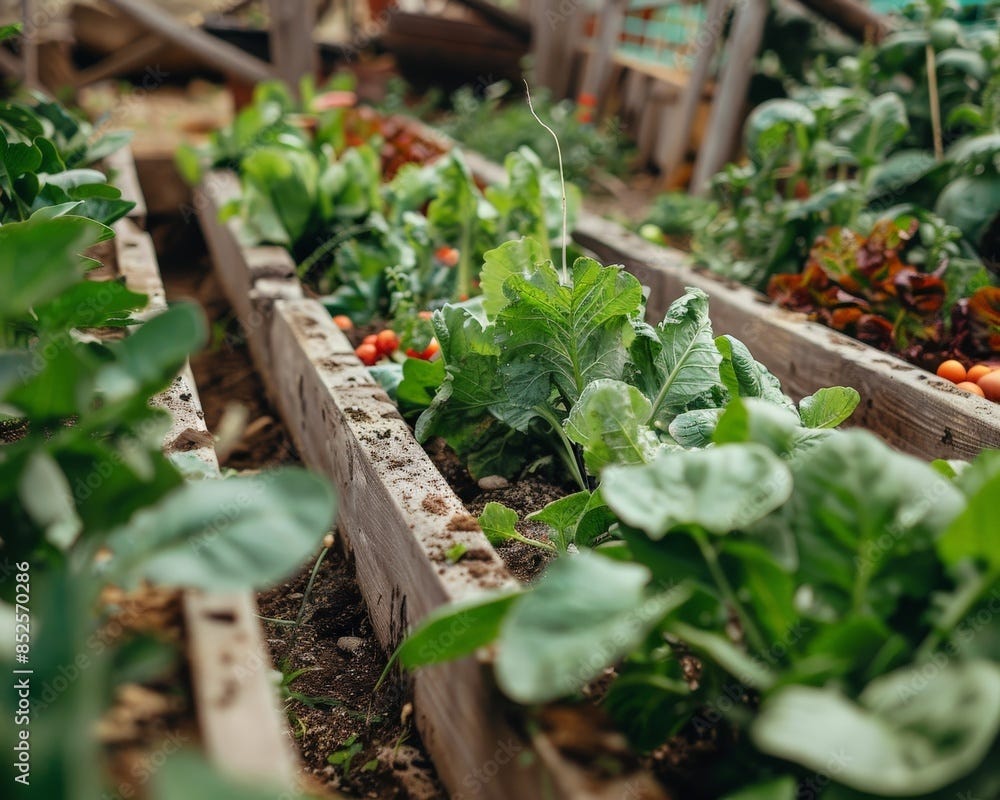 Close-up of a community garden with diverse vegetables growing