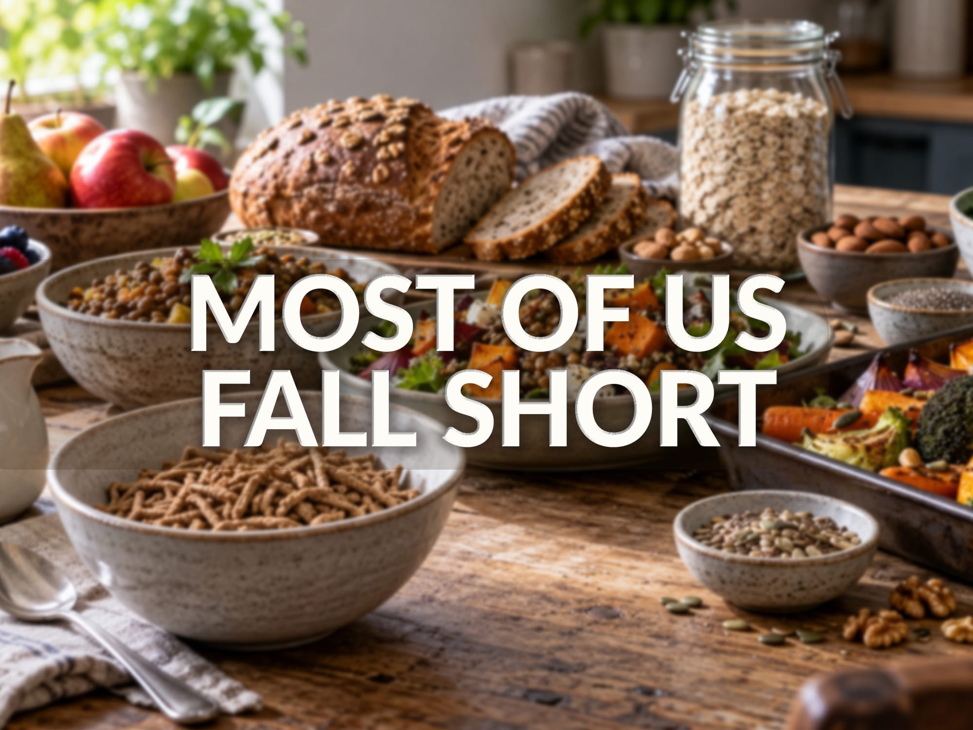 A table laden with fibre-rich foods. A joyless bowl of bran cereal sits in the foreground. A table laden with fibre-rich foods. A joyless bowl of bran cereal sits in the foreground.
