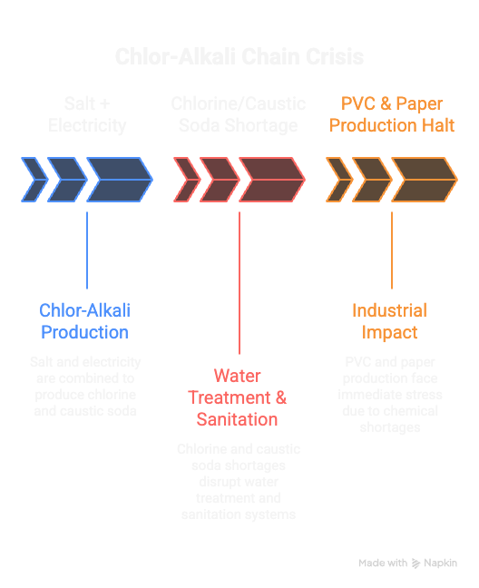 Flow chart showing chlor-alkali production impacts on water treatment and industrial processes