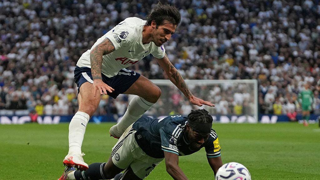 Tottenham's Sandro Tonali challenges Newcastle's Anthony Elanga during their Premier League match at the Tottenham Hotspur Stadium in north London. Tottenham's Sandro Tonali challenges Newcastle's Anthony Elanga during their Premier League match at the Tottenham Hotspur Stadium in north London.