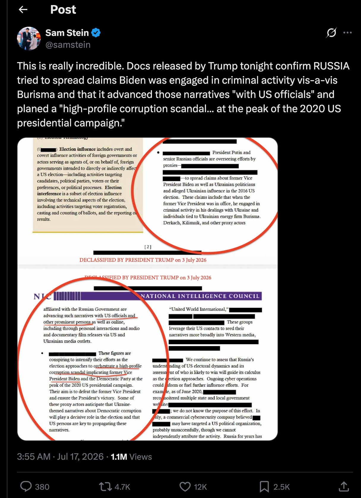 Sam Stein: This is really incredible. Docs released by Trump tonight confirm RUSSIA tried to spread claims Biden was engaged in criminal activity vis-a-vis Burisma and that it advanced those narratives "with US officials" and planed a "high-profile corruption scandal... at the peak of the 2020 US presidential campaign."