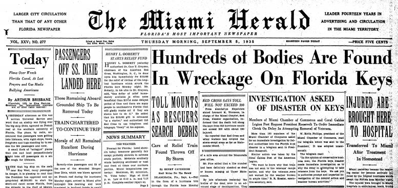 Front page of the Miami Herald on September 5, 1935, three days after the storm. Courtesy of the Miami Herald. Front page of the Miami Herald on September 5, 1935, three days after the storm. Courtesy of the Miami Herald.