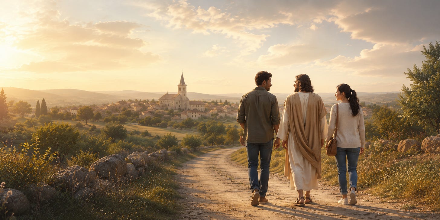 Jesus walks with two modern-day disciples along a country road toward a village church, symbolizing the Christian journey of carrying faith into daily life. Jesus walks with two modern-day disciples along a country road toward a village church, symbolizing the Christian journey of carrying faith into daily life.