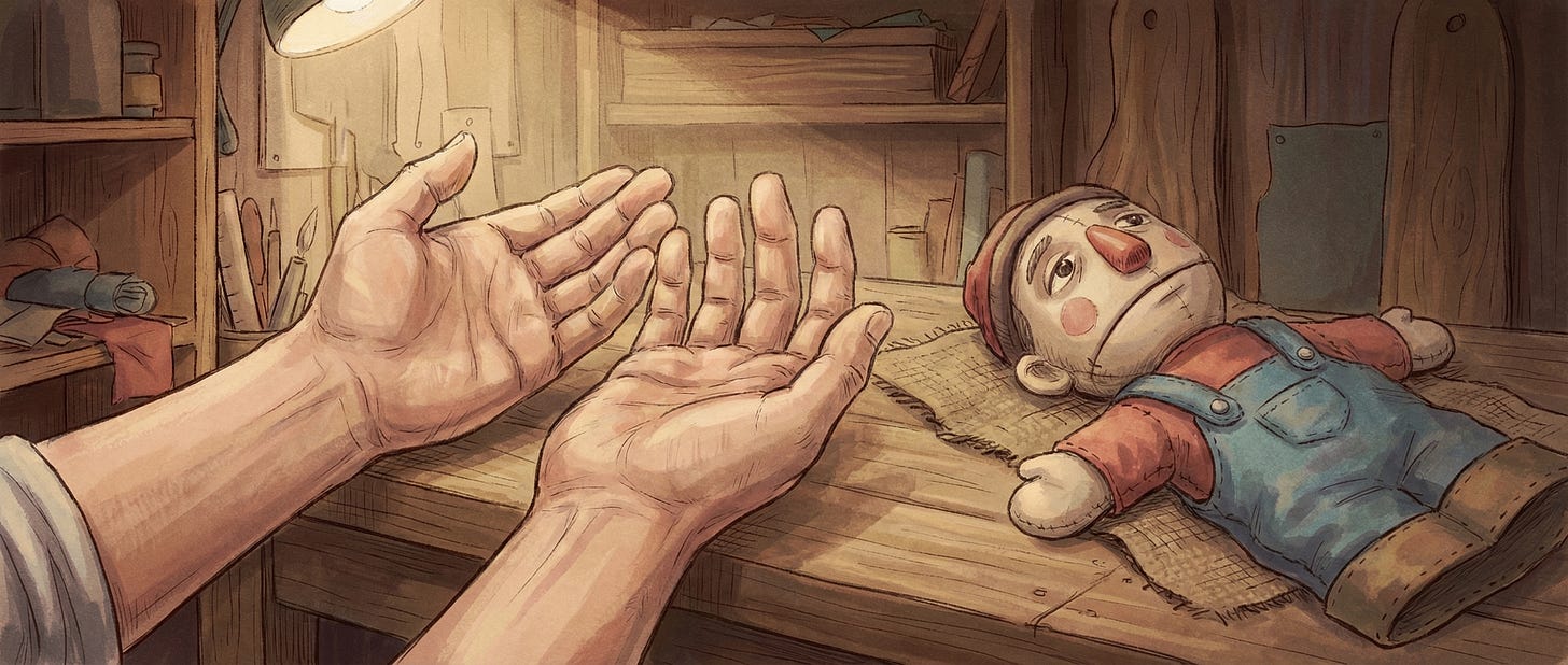 In the same workshop, the ventriloquist inspects his hands, with the puppet laid aside. In the same workshop, the ventriloquist inspects his hands, with the puppet laid aside.