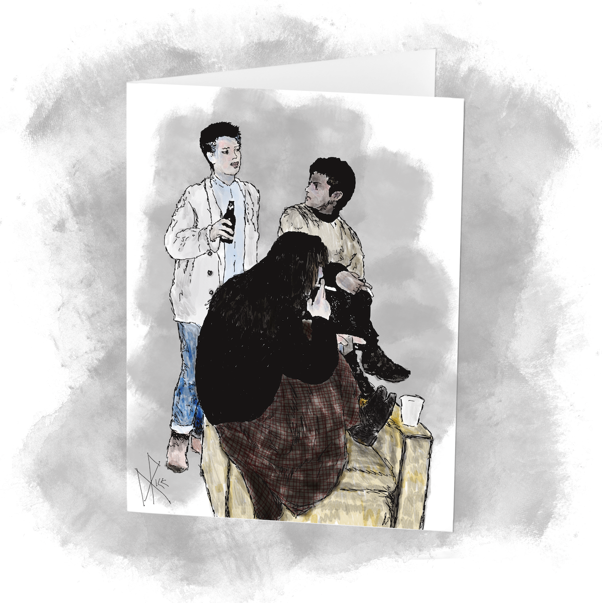 Three friends in conversation at a party. Sketch art by Don Rice. Three friends in conversation at a party. Sketch art by Don Rice.