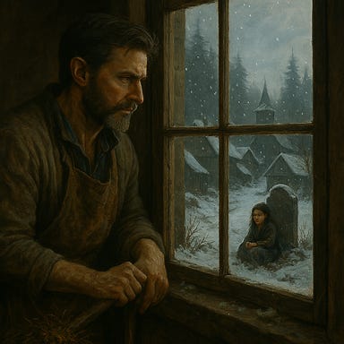 A dark fantasy image of Fleetwood, visually similar to Richard Armitage, standing inside the Krezkov cottage and looking out a frosted window toward Kala, who sits quietly beside her own grave in the snow. Fleetwood wears a simple wool tunic and cloak, his face solemn and shadowed by candlelight. His expression is pained but composed, eyes fixed on the girl outside. Kala is small and still, her patchwork dress blending into the snow, her dark hair loose around her shoulders. The grave is marked by a simple wooden cross, half-buried in snow. Mist curls through the trees beyond, and the sky is a deep indigo. The atmosphere is hushed, eerie, and intimate, with candlelight inside and moonlight outside creating a contrast of warmth and cold. A dark fantasy image of Fleetwood, visually similar to Richard Armitage, standing inside the Krezkov cottage and looking out a frosted window toward Kala, who sits quietly beside her own grave in the snow. Fleetwood wears a simple wool tunic and cloak, his face solemn and shadowed by candlelight. His expression is pained but composed, eyes fixed on the girl outside. Kala is small and still, her patchwork dress blending into the snow, her dark hair loose around her shoulders. The grave is marked by a simple wooden cross, half-buried in snow. Mist curls through the trees beyond, and the sky is a deep indigo. The atmosphere is hushed, eerie, and intimate, with candlelight inside and moonlight outside creating a contrast of warmth and cold.