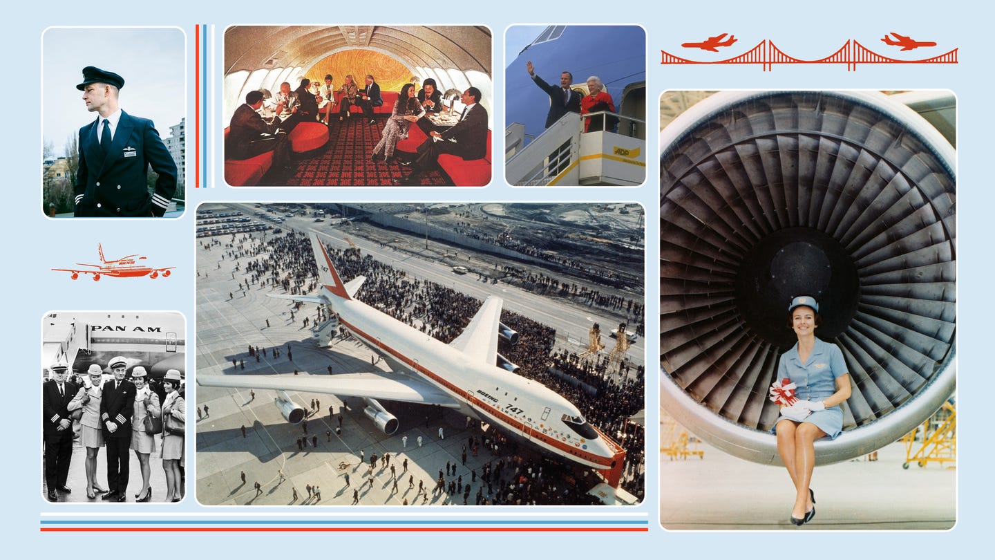 illustration with multiple archival photos: pilot in uniform; pilots and flight attendants with Pan Am plane in background; interior of plane lounge; plane from above surrounded by crowd; smiling uniformed flight attendant sitting in front of jet engine illustration with multiple archival photos: pilot in uniform; pilots and flight attendants with Pan Am plane in background; interior of plane lounge; plane from above surrounded by crowd; smiling uniformed flight attendant sitting in front of jet engine