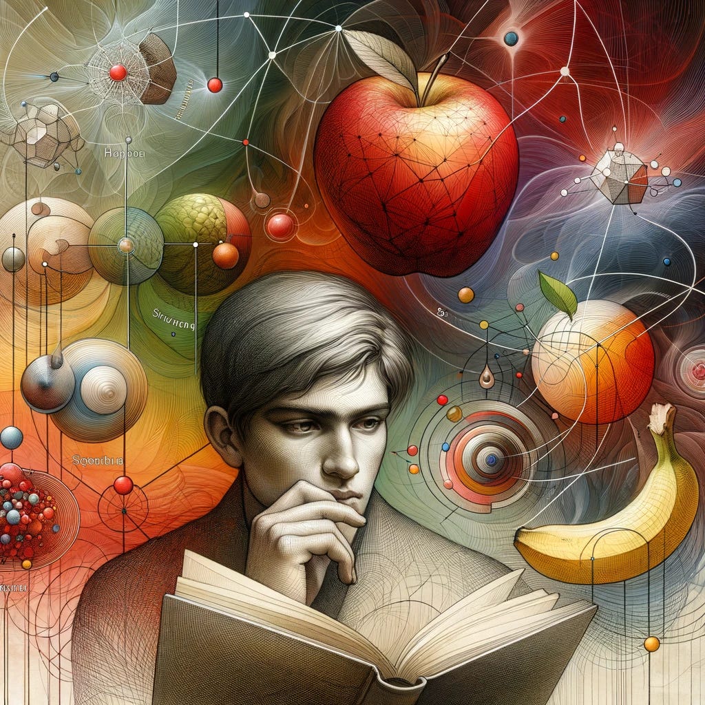 A thinker with a thoughtful expression reading 'Phenomenology of Spirit'. Surrounding the thinker are abstract representations of objects interconnected by lines. Prominently featured are an apple and a banana, with their properties like 'red', 'yellow', 'sweet', and 'sour' connected by lines, showing their relationships as described by Hegel. The background is filled with subtle, flowing lines and colors that blend into each other, representing the interconnected and transient nature of reality.
