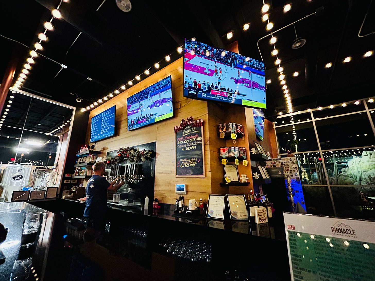 bar, glass, televisions, bartender