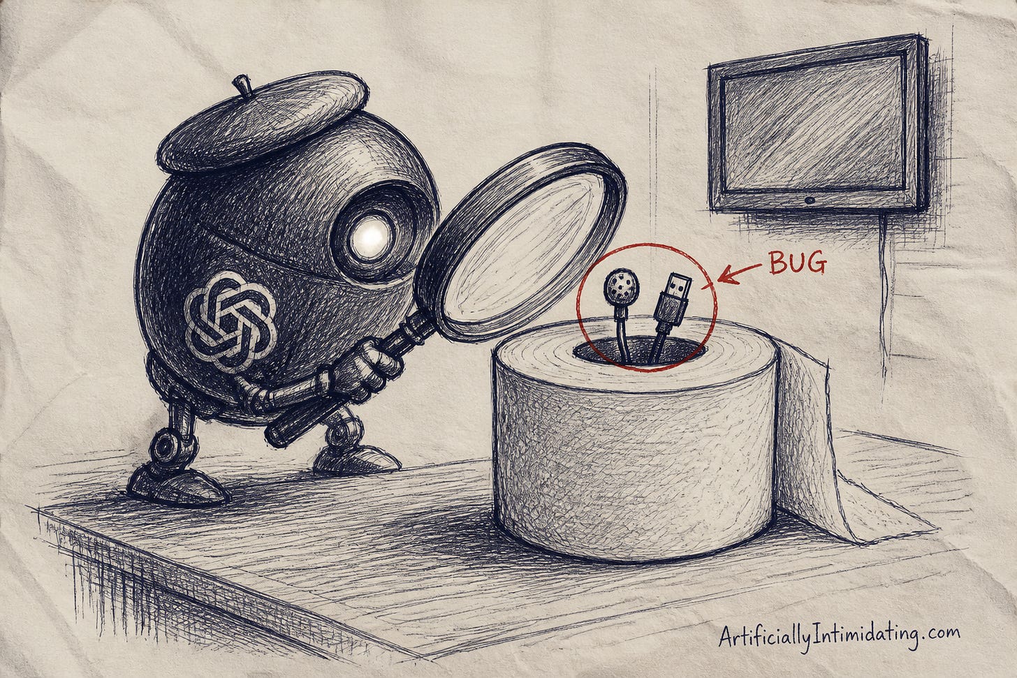 A round black robot with the OpenAI flower mark on its chest examines a roll of toilet paper through a magnifying glass; a tiny microphone and USB cable poke out of the center tube, circled in red and labeled BUG, with a smart TV on the wall behind.