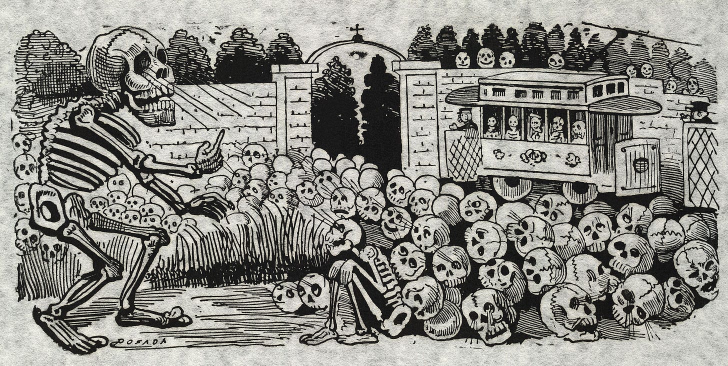 A giant skeleton in a wide hat stands over a crowd of skulls while an electric streetcar full of skeletons rolls by in the background.
