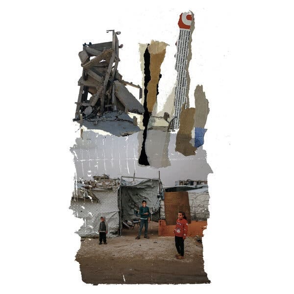 A collage of torn pieces of paper resembling the ruins of buildings with people standing on the ground in front. 