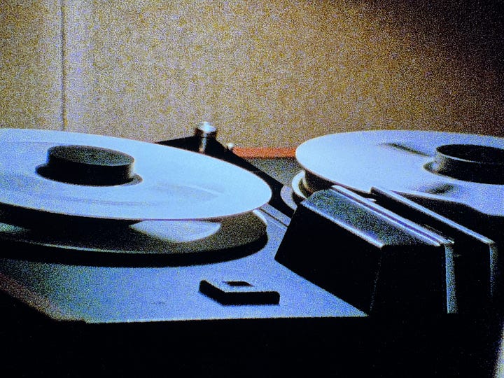 Still images from Tokyo Melody: close-ups of Sakamoto's face, a 2" reel-to-reel tape machine, Sakamoto notating music.