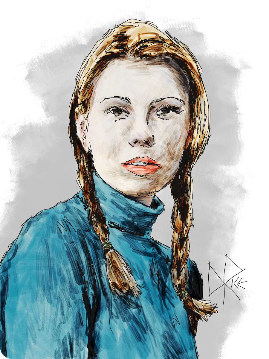 A head and shoulders portrait of a woman wearing a cyan turtleneck sweater, with her blonde hair tied in pigtails. Sketch art by Don Rice.