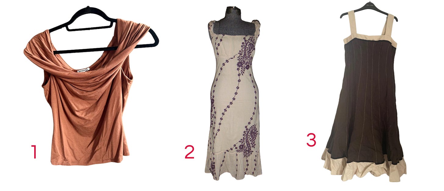 A brown sleeveless top, a white dress with a purple floral pattern. and a black dress with white trim details