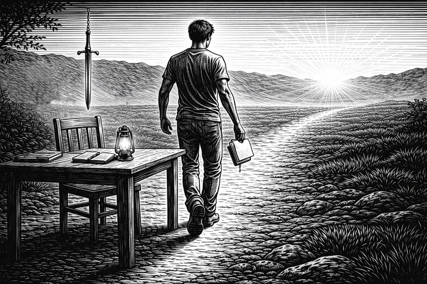 Black-and-white woodcut-style illustration of a man carrying a notebook as he walks away from a desk, lantern, and hanging sword toward a bright horizon, symbolizing moving from chronic threat and rumination into clarity, action, and release. Black-and-white woodcut-style illustration of a man carrying a notebook as he walks away from a desk, lantern, and hanging sword toward a bright horizon, symbolizing moving from chronic threat and rumination into clarity, action, and release.