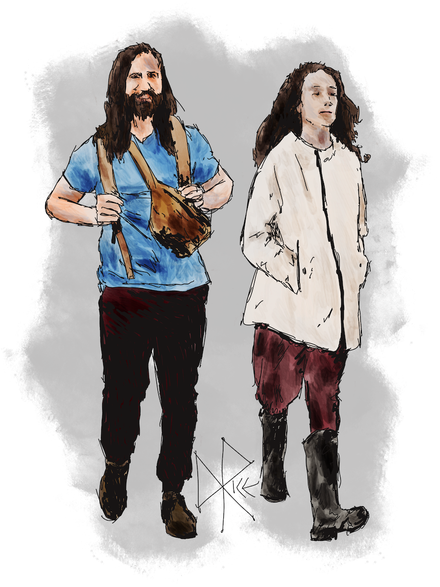A man and a woman out walking. The woman has all her gear in her pockets. The man packs his gear in multiple bags strapped across his shoulders. Sketch art by Don Rice. A man and a woman out walking. The woman has all her gear in her pockets. The man packs his gear in multiple bags strapped across his shoulders. Sketch art by Don Rice.