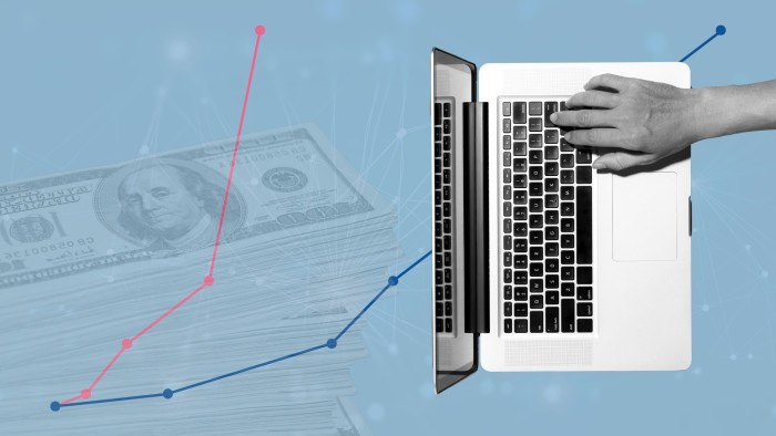 Combination montage of chart lines going up, a computer and money.