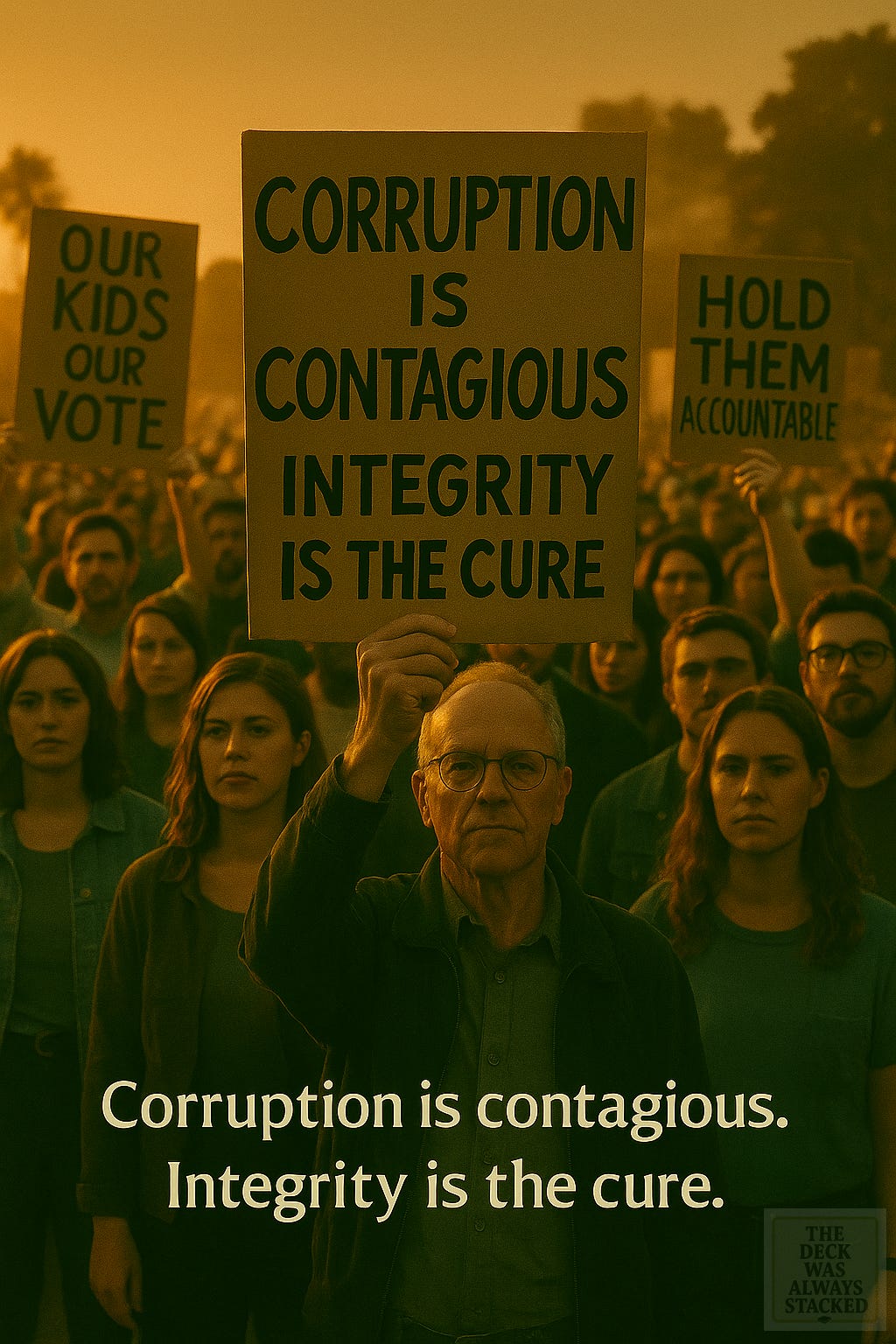Protest image, large crowd, signs. Corruption is contagious, integrity is the cure.