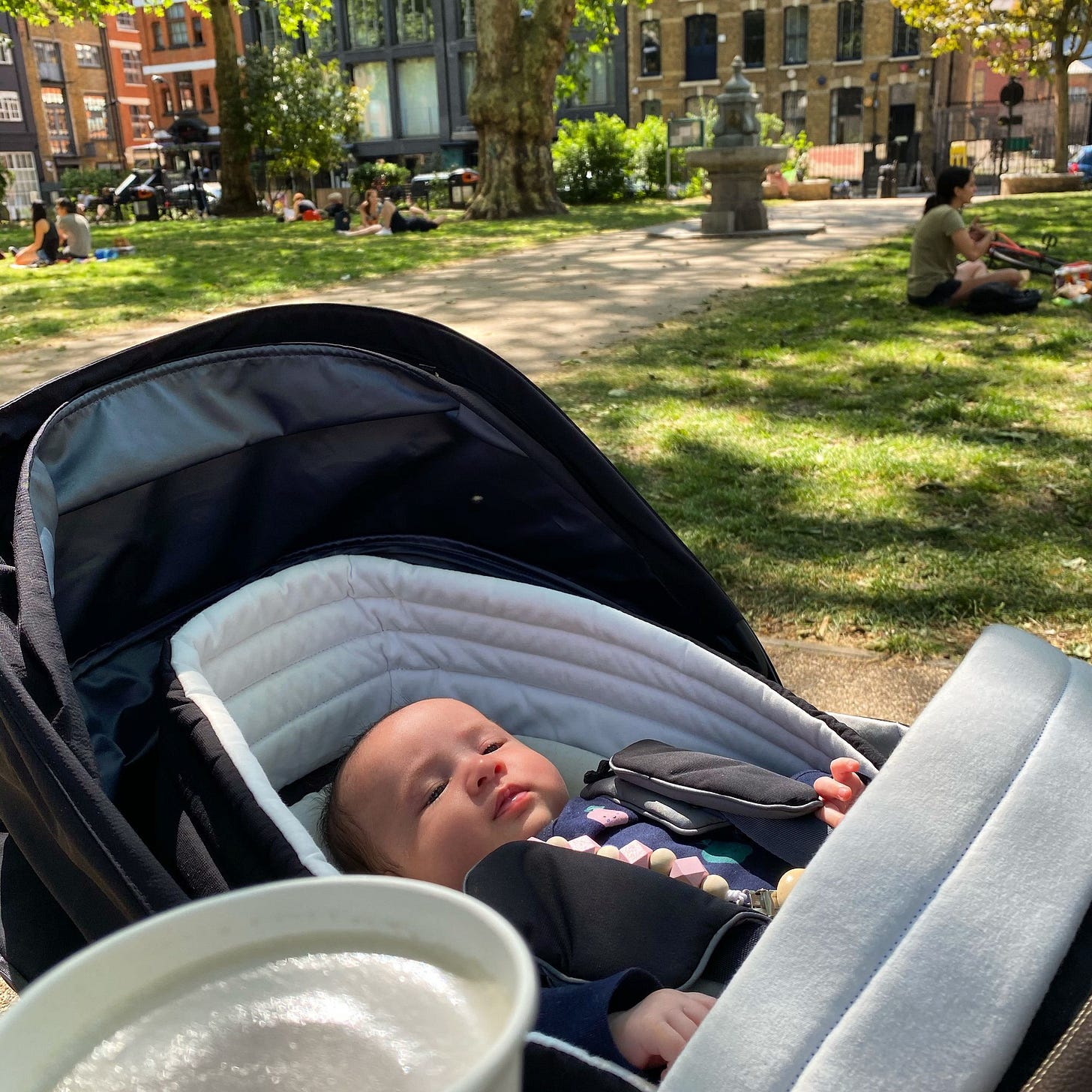 Cybex MIOS in the park when dad has a beer