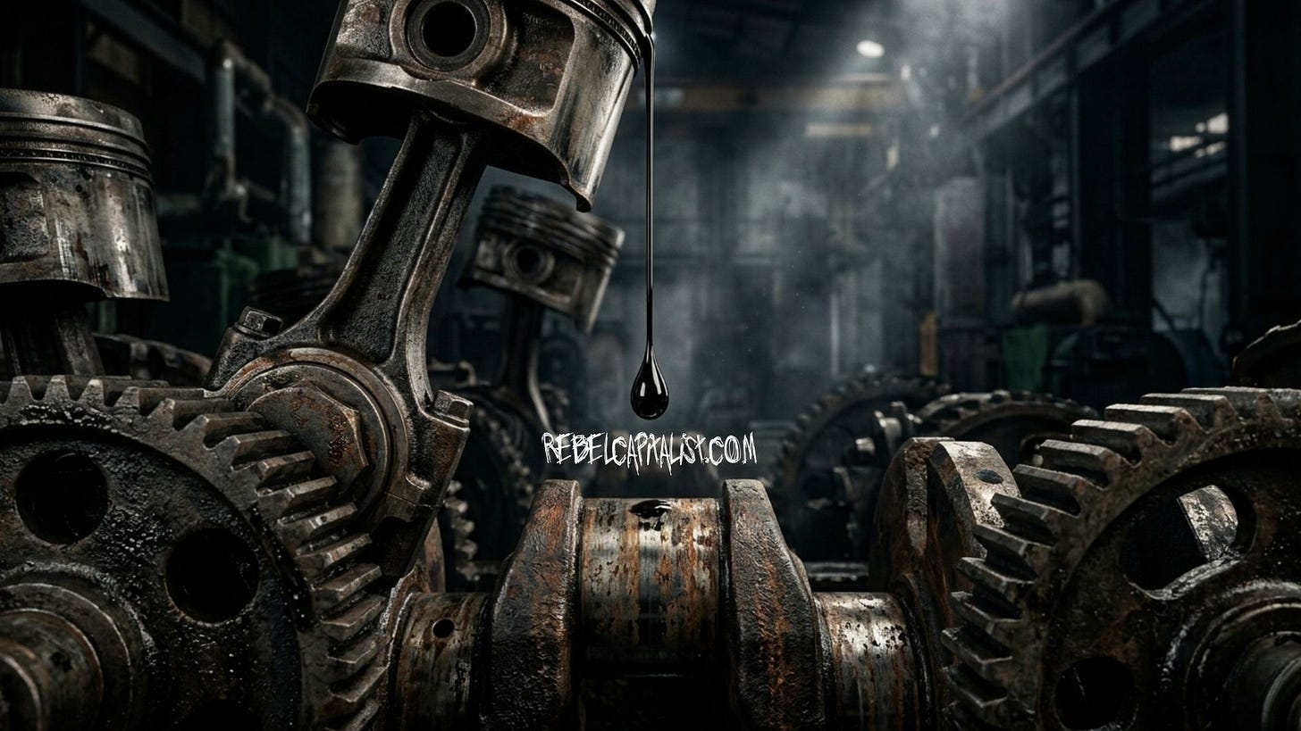 Rusted industrial engine pistons and gears in abandoned factory setting Rusted industrial engine pistons and gears in abandoned factory setting