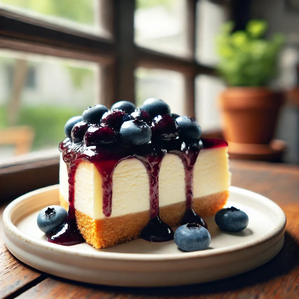 A slice of blueberry cheesecake on a white plate, placed on a wooden table near a window. The cheesecake has a golden graham cracker crust, a creamy white cheesecake layer, and a generous topping of fresh blueberries with blueberry sauce drizzling down the sides. The window behind the cheesecake shows a bright and cozy outdoor scene with soft natural light coming through.