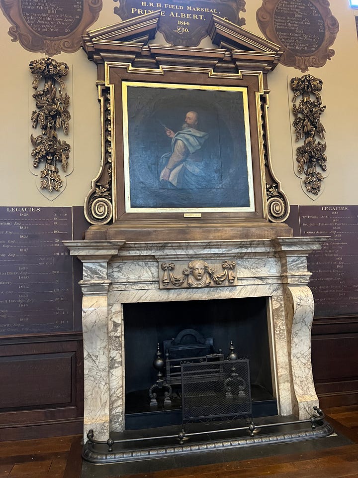 Portraits, stained glass, and a gilded plaster ceiling from the Great Hall at Barts North Wing.
