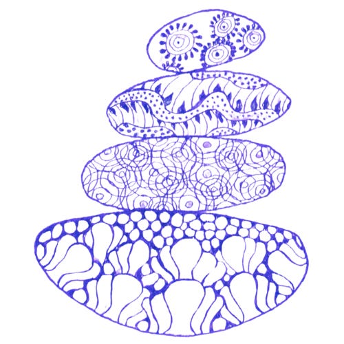 Illustrated cairn of hand-drawn stones—art by J. Tooker. Illustrated cairn of hand-drawn stones—art by J. Tooker.