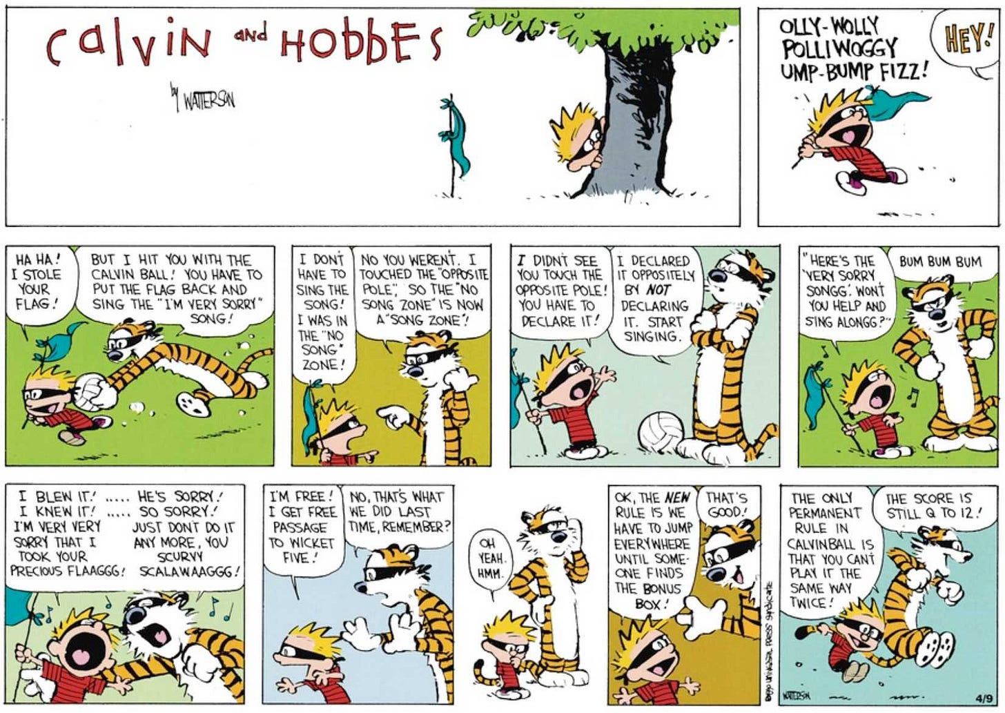 Calvin and Hobbes discuss the complex rules of their game of Calvinball