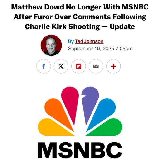 A photo of Matthew Dowd, a man with red hair, next to the MSNBC logo, which features a colorful peacock design with red, blue, purple, and green feathers. Text overlay includes "Matthew Dowd No Longer With MSNBC After Furor Over Comments Following Charlie Kirk Shooting – Update" and "By Ted Johnson September 10, 2025 7:05pm." Social media icons for Facebook, X, Reddit, and email are visible below the text.