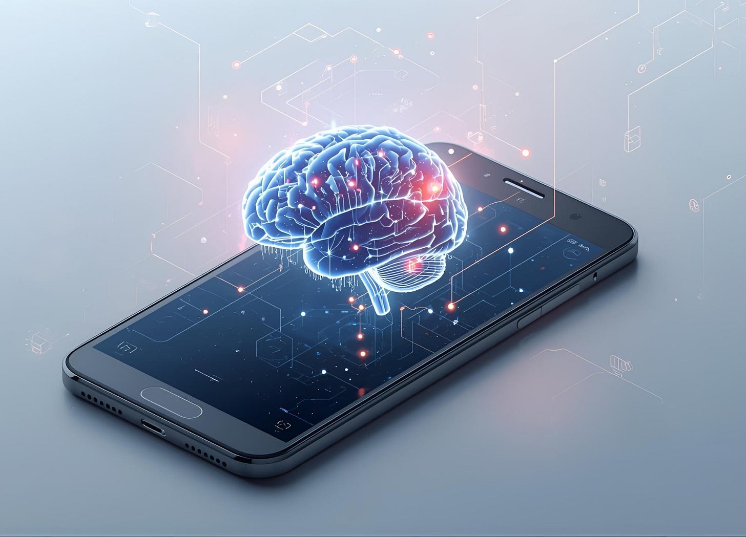 A smartphone displaying a glowing neural network, illustrating the concept of on-device and personalized AI agents processing data locally for privacy and speed.