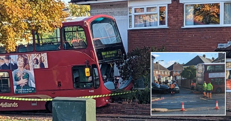 The double-decker hit a garden wall when the driver had a ‘medical episode’ (Picture: Twitter/@PokeGirlLauren) The double-decker hit a garden wall when the driver had a ‘medical episode’ (Picture: Twitter/@PokeGirlLauren)