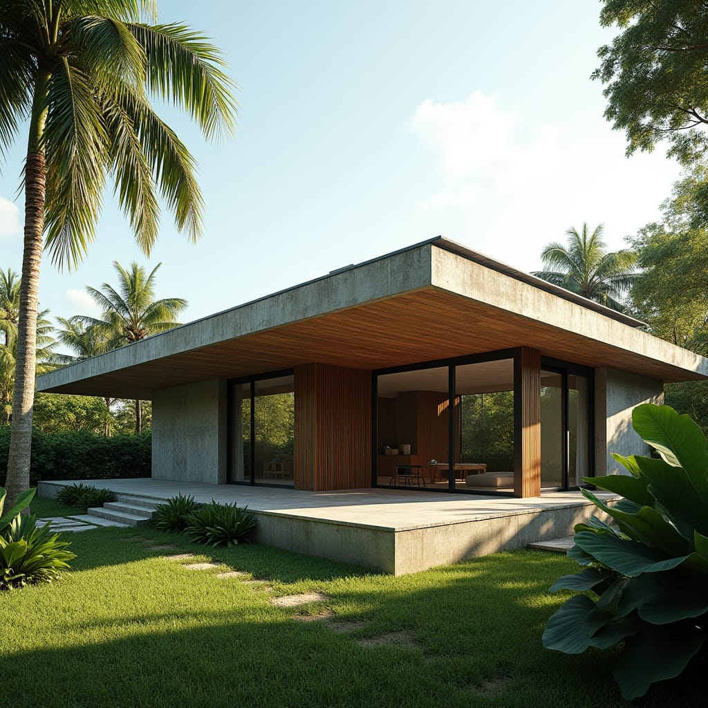 An eco-friendly, modern home in the heart of Kingston, Jamaica, designed with sustainability at its core. The house features a minimalist aesthetic with a flat roof equipped with solar panels and sleek rainwater tanks positioned around the structure for water harvesting. The exterior blends natural materials like reclaimed wood and concrete, providing both durability and environmental harmony. Palm trees and a few native plants frame the house, offering subtle greenery against the urban backdrop. Large windows maximize natural light, while the design ensures energy efficiency through proper insulation and natural ventilation. Eco-conscious architecture, urban sustainability, minimalist design.
