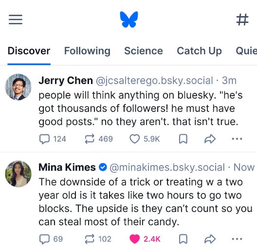 A screenshot of the Bluesky Discover feed. A screenshot of the Bluesky Discover feed.
