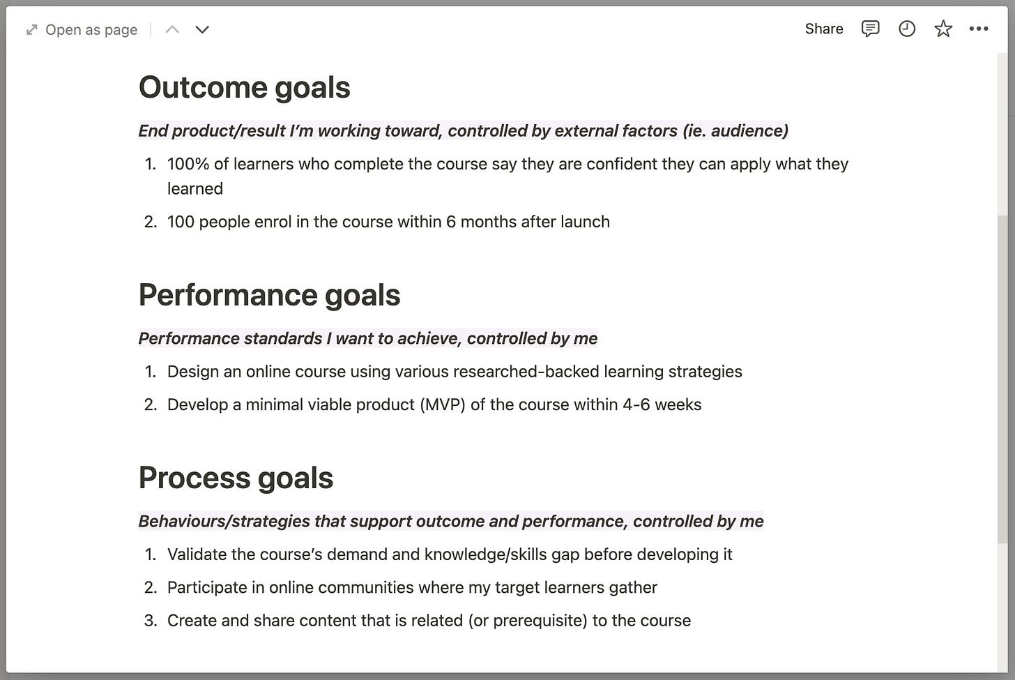 Screenshot of goal-setting notes Screenshot of goal-setting notes