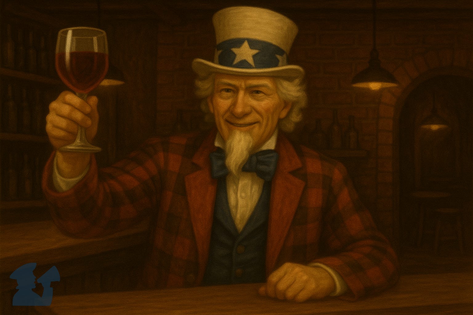 Illustration of Uncle Sam raising a glass of wine in cheers