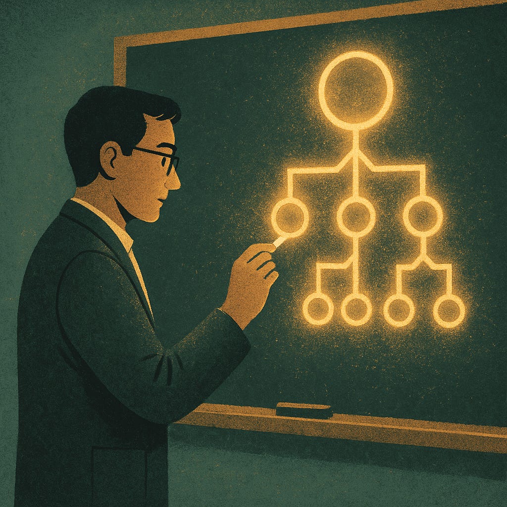 A vintage-style illustration of a student and teacher navigating a glowing AI assessment scale under a night sky A vintage-style illustration of a student and teacher navigating a glowing AI assessment scale under a night sky