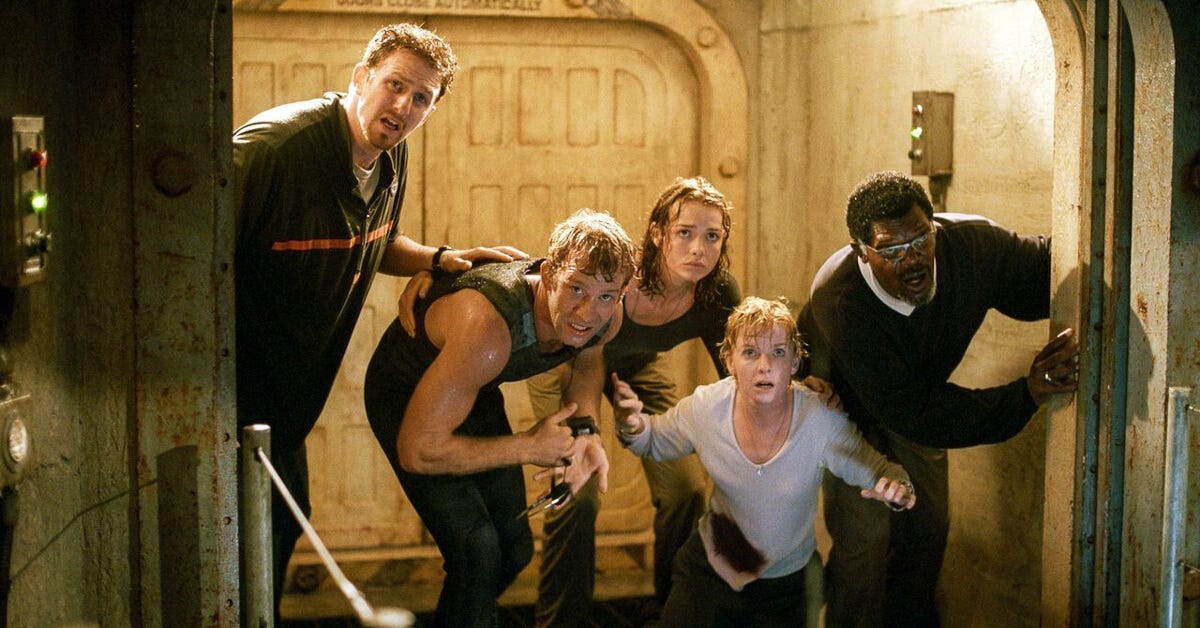 The soaked cast peers out from Aquatica’s storm-battered entrance as a helicopter attempts an emergency retrieval.