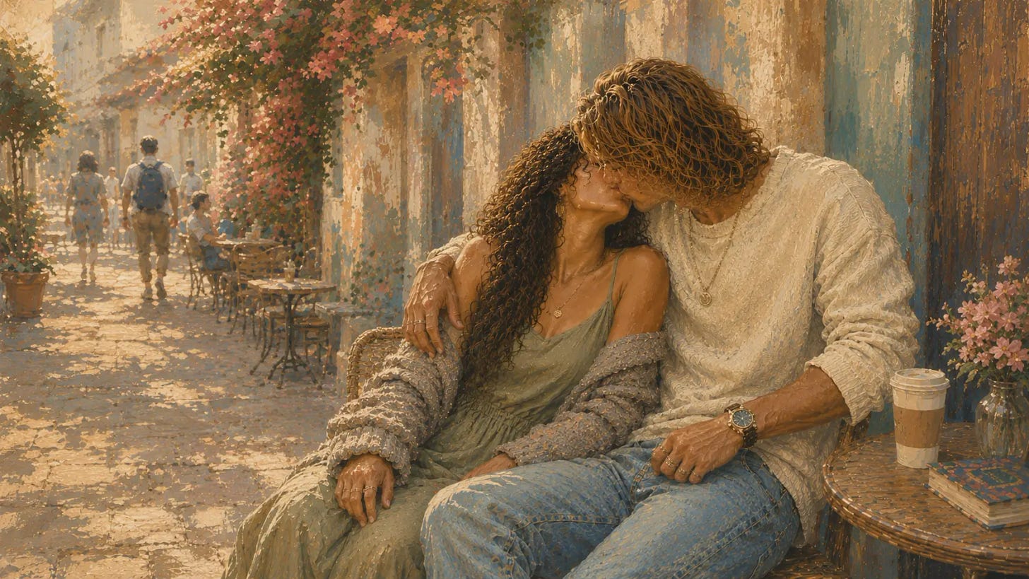 Lucia and Matteo kiss at a sunlit outdoor café on a flower-lined street, seated close together in a soft painterly scene. Lucia and Matteo kiss at a sunlit outdoor café on a flower-lined street, seated close together in a soft painterly scene.