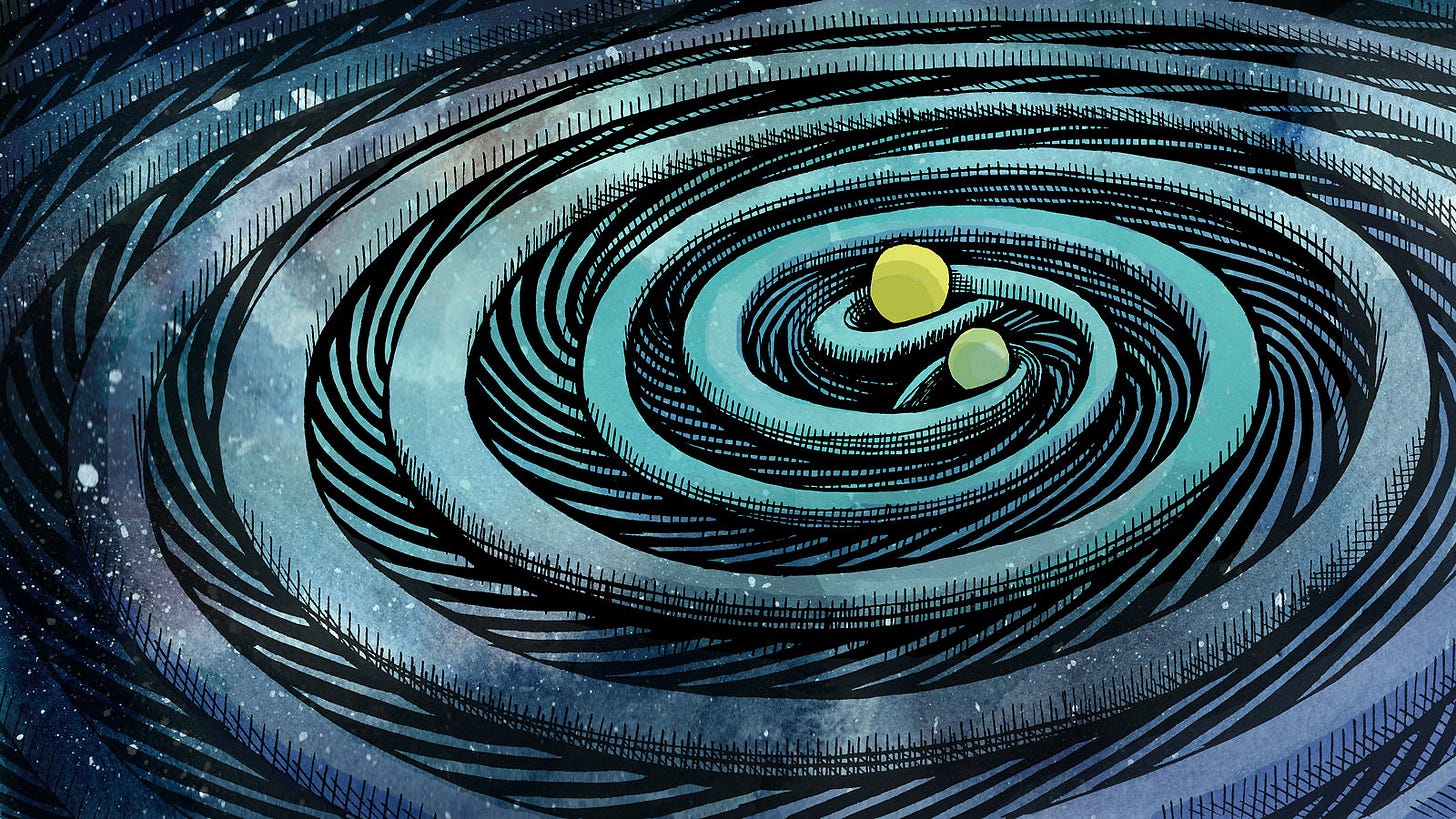 Illustration depicting two black holes circling one another and producing gravitational waves Illustration depicting two black holes circling one another and producing gravitational waves