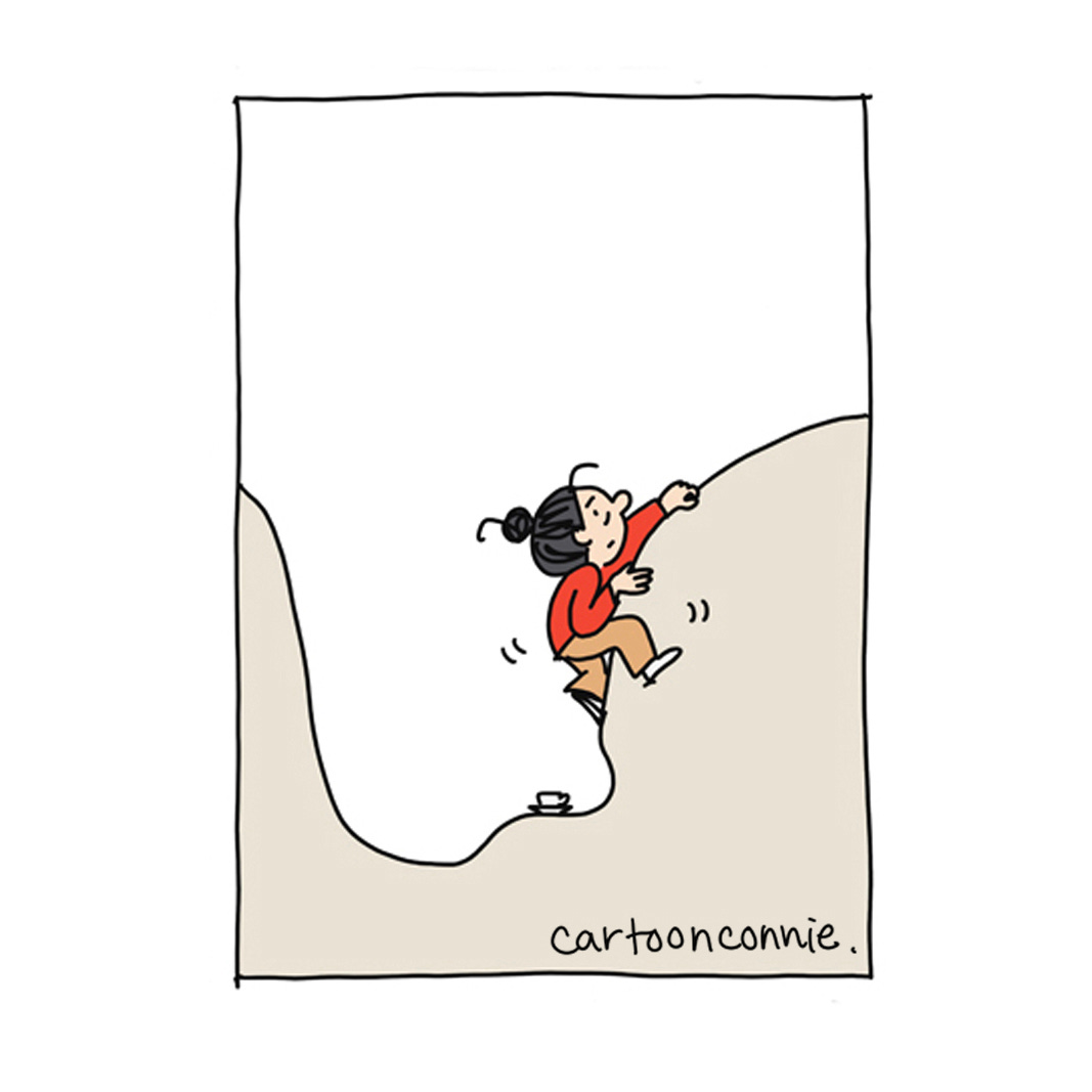Excerpt from a 4-panel comic strip about the ups and downs of life and trying to get out of a rut. Titled "A Part of Doing Hard Things," by Connie Sun, cartoonconnie, 2025.