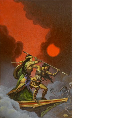 LEFT: Detail from AMAZONS 2 featuring two dark haired Amazon warriors poised to attack on the bow of a boat. One grips a spear overhead to stab downward. The other wields sword and shield captured in the moment of backswing. As they ram the other ship the armored men aboard are jarred back by the impact. CENTER: Pencil study for AMAZONS 2 featuring two Amazon warriors in the pose of the final painting. RIGHT: Preliminary concept for AMAZONS 2 featuring the scene for the cover except here the fog extends to the boat the Amazon pirates are attacking. The two Amazon warriors are poised on the bow of their boat, ready to attack, however the slender bow doesn’t splinter the gunwales of the other ship as in the final cover image.