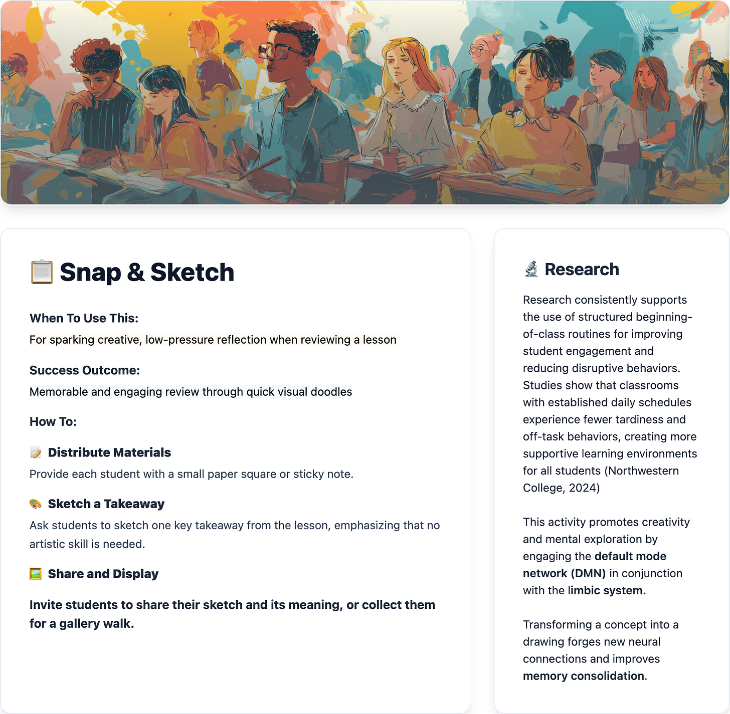 Snap & Sketch bell ringer activity strategy card showing step-by-step instructions for engaging students as they enter the classroom