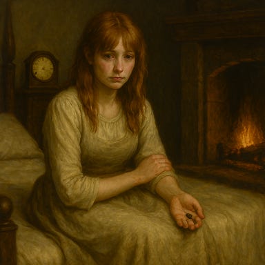 Create a safe, non-violent dark fantasy image of Varuska in the guest room of Castle Ravenloft. She is a young woman with a soft, fair complexion, delicate features, and large blue‑gray eyes that carry a distant, haunted look. Her auburn hair falls in gentle waves, slightly messy, with strands framing her face. She wears simple Barovian clothing in pale rose, muted lavender, and ivory tones—soft fabrics like linen or worn wool. Her posture is small and inward, as if trying to take up less space. The guest room around her is dimly lit by a low fire and a single candle, with gothic stone walls, heavy shadows, and a sense of quiet sorrow. She sits or stands near the bed, appearing fragile, reflective, and touched by grief, but without any violence or frightening imagery.