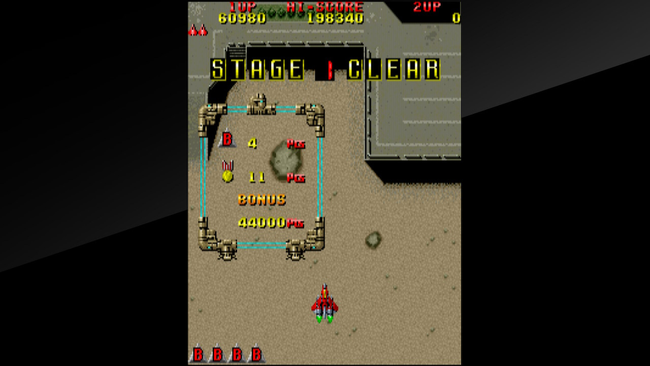 A screenshot of the Stage 1 Clear screen from the Arcade Archives version of Raiden. No bombs were used, so there are four remaining in stock, and 11 medals were collected. You receive 1,000 points for each medal, multiplied by the number of bombs remaining, so, 44,000 points in this instance. Prior to this bonus, Stage 1 had been worth just under 61,000 points, so that's no small thing. A screenshot of the Stage 1 Clear screen from the Arcade Archives version of Raiden. No bombs were used, so there are four remaining in stock, and 11 medals were collected. You receive 1,000 points for each medal, multiplied by the number of bombs remaining, so, 44,000 points in this instance. Prior to this bonus, Stage 1 had been worth just under 61,000 points, so that's no small thing.