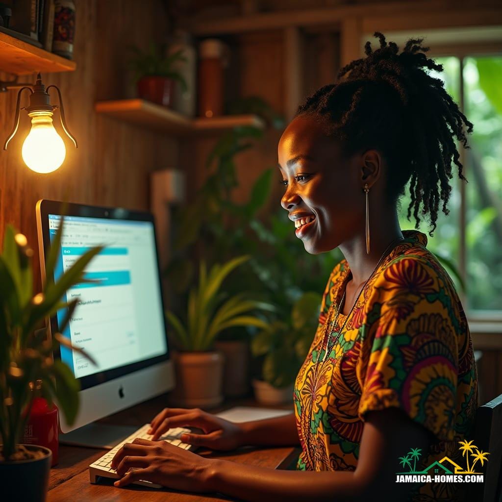 Warmly lit, stunning Jamaican woman with vibrant dreadlocks and bright smile, wearing a colorful dashiki dress, sits in front of a computer in her cozy, rustic Caribbean country house, surrounded by lush greenery and vintage island decor, as she carefully navigates a banking transaction on screen