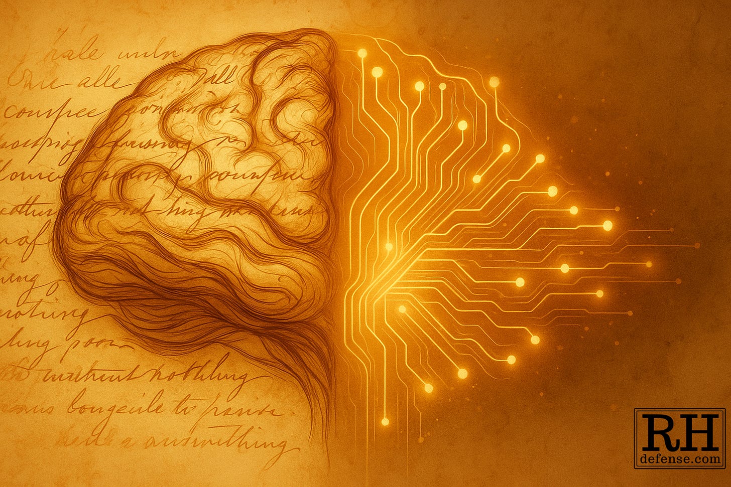 A golden-amber illustration shows a human brain made of flowing handwritten text and ink lines that gradually transform into glowing neural circuitry. The organic and digital forms blend seamlessly, like veins turning into fiber-optic threads, with a faint parchment texture beneath the design. A golden-amber illustration shows a human brain made of flowing handwritten text and ink lines that gradually transform into glowing neural circuitry. The organic and digital forms blend seamlessly, like veins turning into fiber-optic threads, with a faint parchment texture beneath the design.